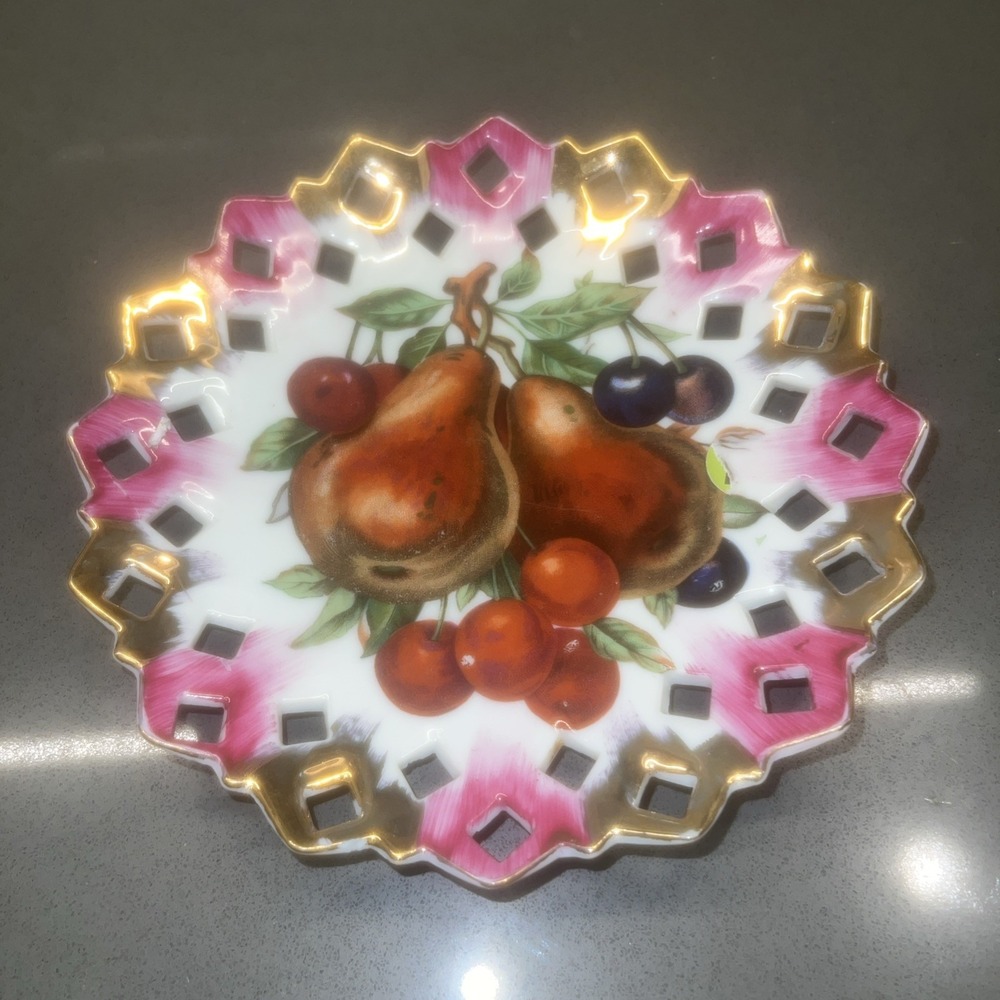 Vintage Reticulated Lattice Edge Porcelain Fruit Plate Pear Cherry Gold Rim EUC
